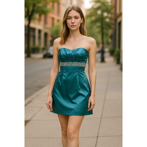 2/$30 Oleg Cassini Aqua Blue Strapless Semi-formal Empire Waist Dress Size 8 - Picture 1 of 14